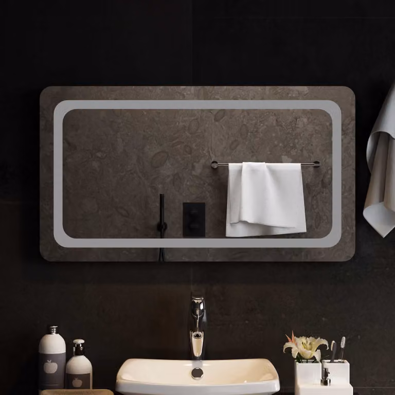 Specchio da bagno moderno vidaXL con illuminazione LED in vetro temperato trasparente, L: 90 cm, H: 50 cm