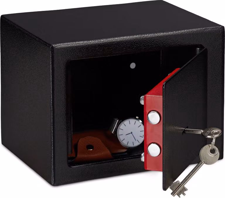 Relaxdays, cassaforte per mobili con serratura a chiave, doppia serratura a cilindro, possibilità di fissaggio a parete o a pavimento, mini cassaforte, dimensioni: 17 x 23 x 17 cm, colore nero