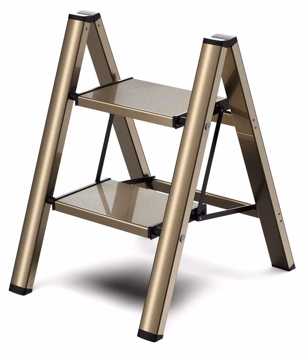 Scala a due gradini, color champagne, pieghevole, in alluminio, dimensioni 46x52,5x61 cm