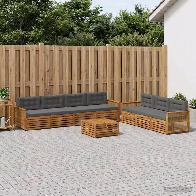 Set di mobili da giardino vidaXL composto da 8 pezzi con divano a 3 posti, tavolino da caffè e cuscini, struttura in legno di acacia e tessuto antracite e beige