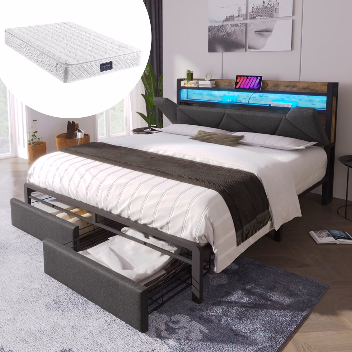 MODFU letto matrimoniale imbottito 160x200 cm con funzione di ricarica USB e Type-C, illuminazione a LED e 2 cassetti (con materasso), grigio