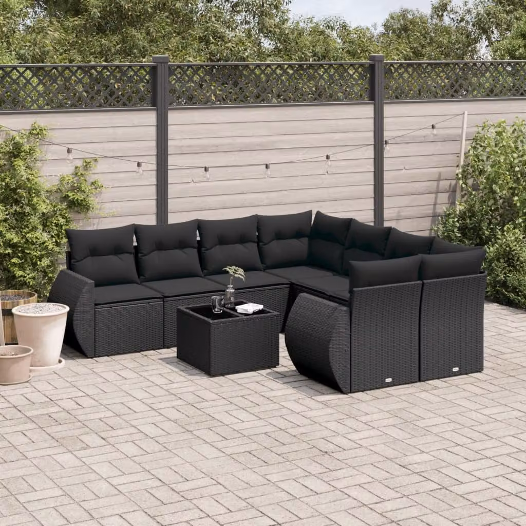 vidaXL Set Divani da Giardino 9 pz a Forma a L con Cuscini e Tavolino, Polyrattan e Metallo, Nero – 1