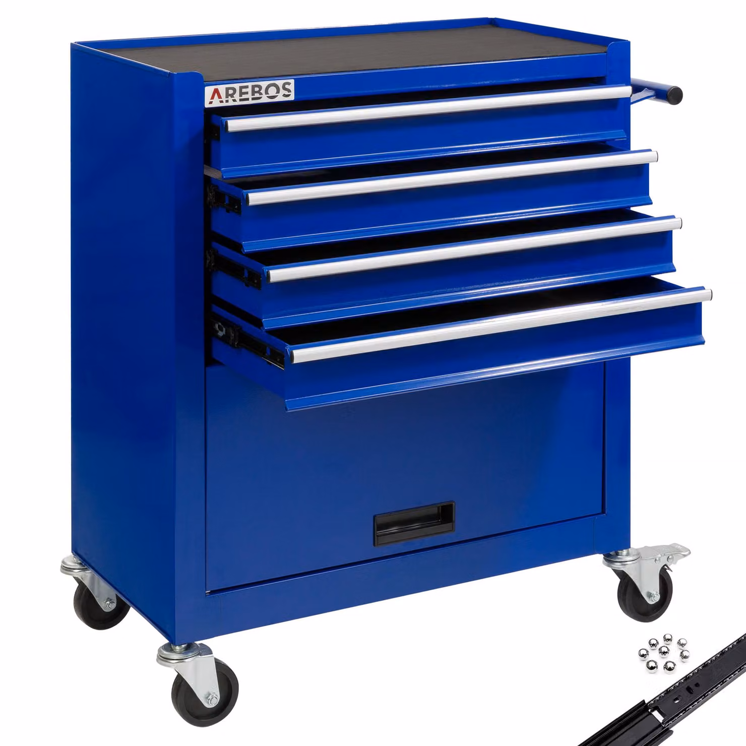 Carrello da officina AREBOS blu, 4 scomparti + scomparto grande, superficie antigraffio, tappetini antiscivolo, 2 rotelle