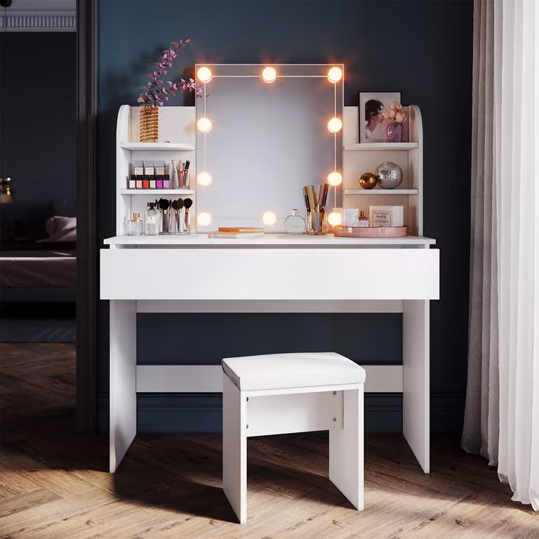 SONNI tavolo da toilette 108x40x140cm con specchio， tavolo cosmetico con sgabello cassetto illuminazione LED， tavolo da parrucchiere bianco
