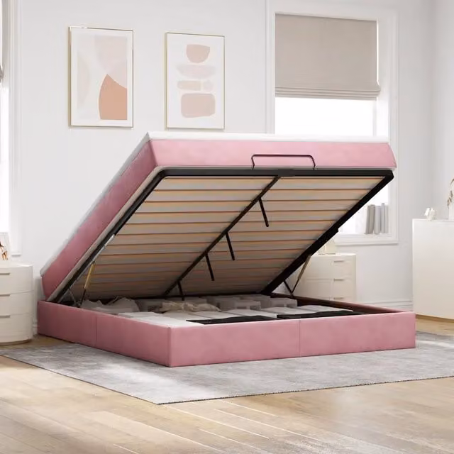 Letto con contenitore a sollevamento vidaXL in velluto rosa e bianco L: 180 cm, P: 200 cm, H: 280 cm – 1