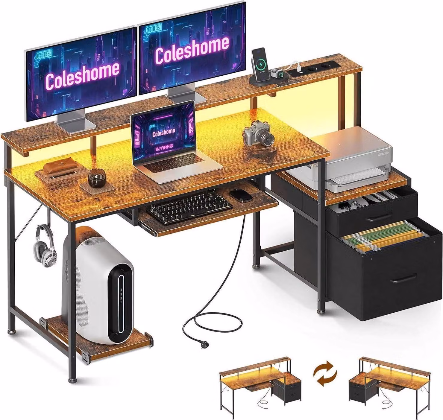 Scrivania Coleshome con cassetti e USB, 140x48cm, luce LED, marrone