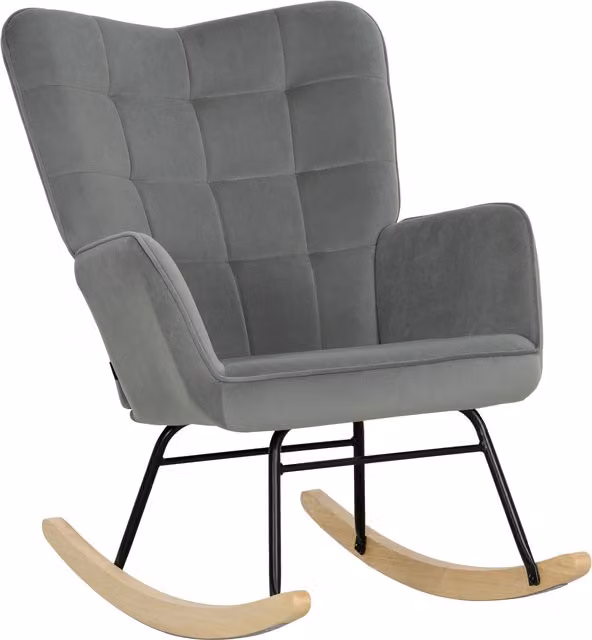 Poltrona a dondolo vintage HOMCOM con imbottitura in tessuto grigio e struttura in legno di faggio e metallo