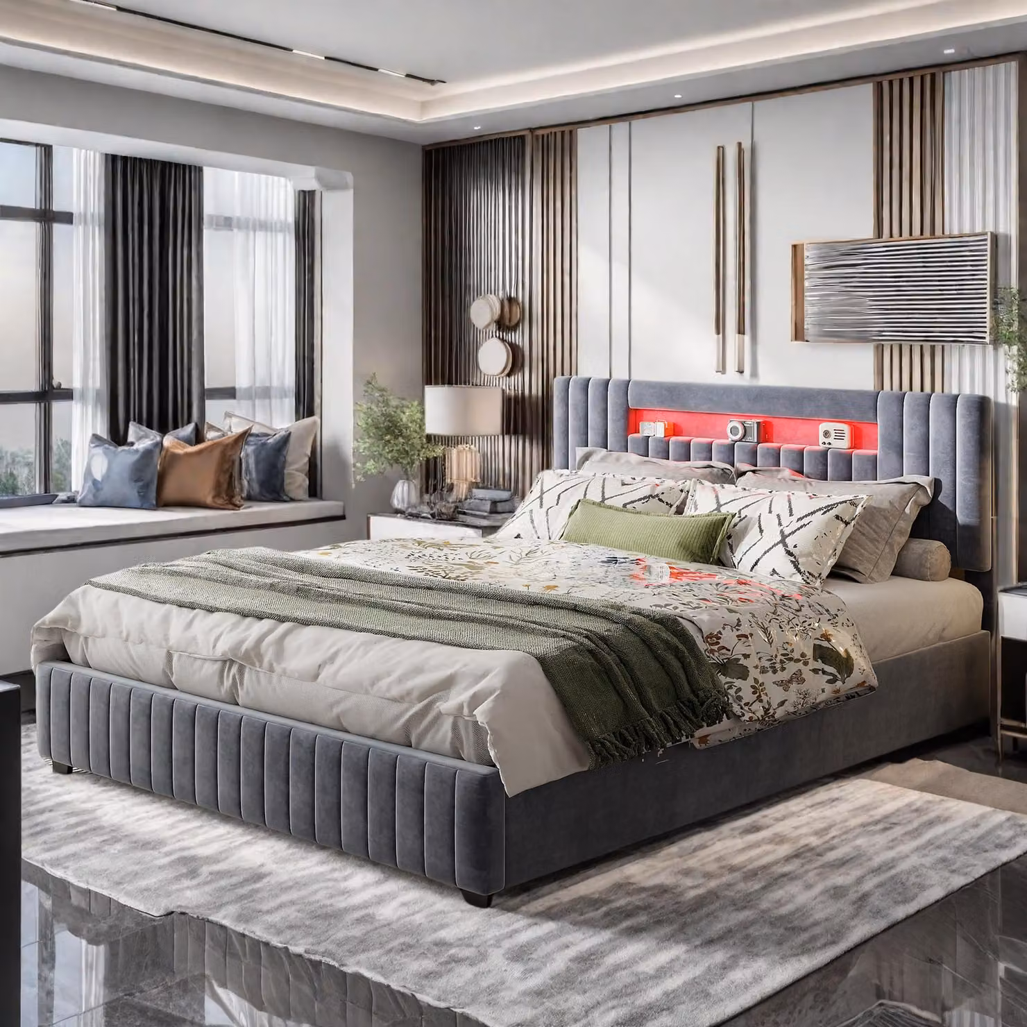 Letto matrimoniale 140x200cm in velluto grigio con box contenitore idraulico, testata a LED a 7 colori, telecomando e controllo tramite smartphone