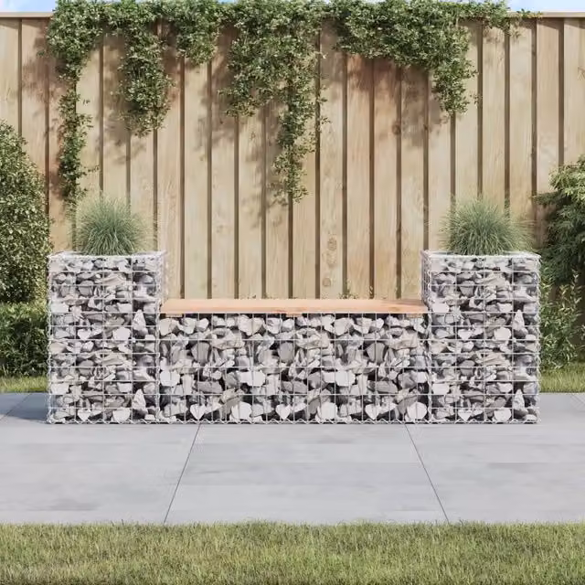 Panca da giardino design gabbione vidaXL in legno massello e metallo grigio L: 183 cm, P: 41 cm, H: 60,5 cm