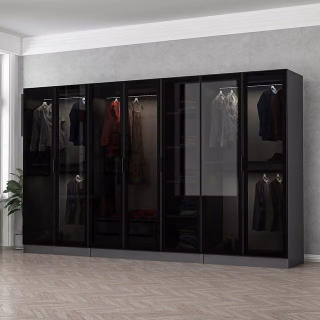Armadio da camera da letto moderno DMORA con ante a battente, colore nero antracite opaco, L: 315 cm, H: 210 cm