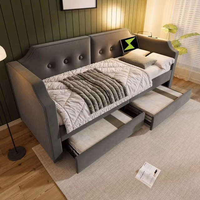 Letto divano singolo 90×200 cm con 2 cassetti, luce da lettura, porta USB e tipo C, senza materasso, velluto grigio