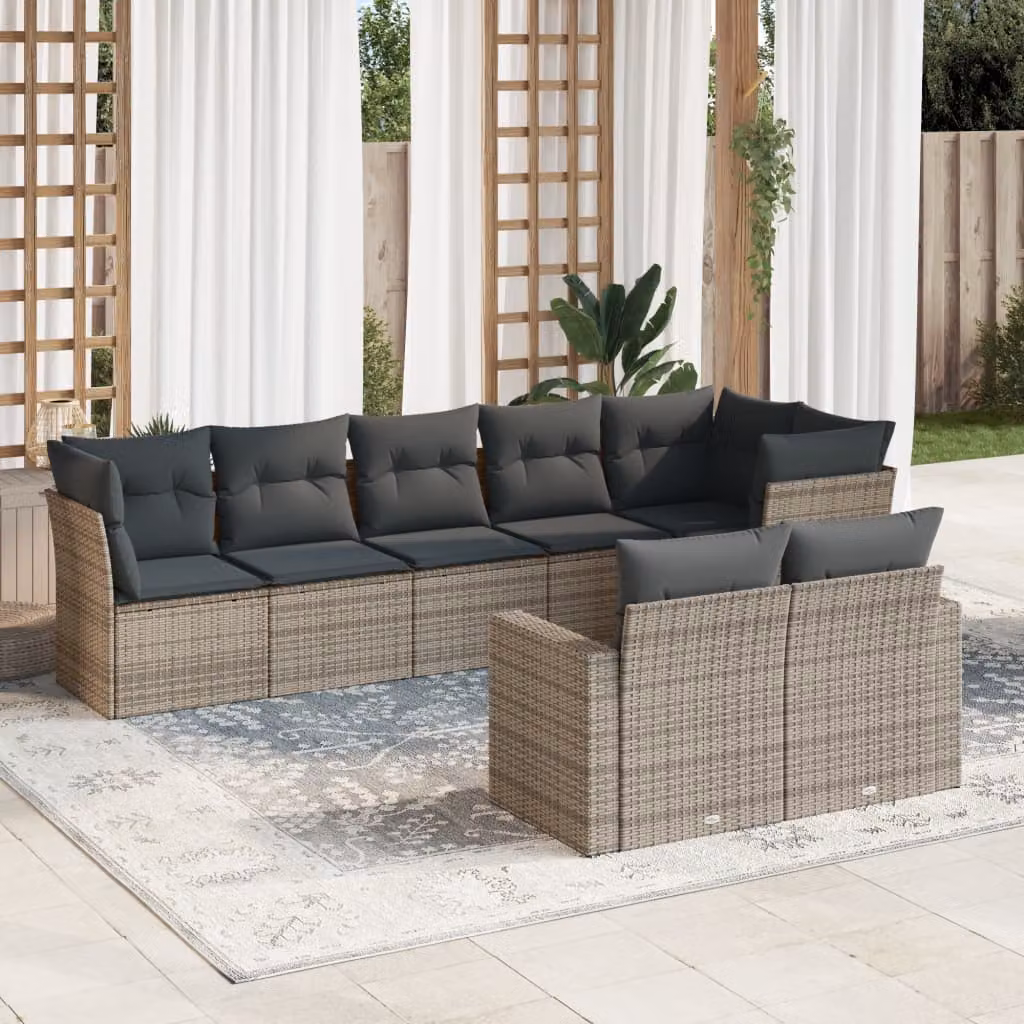 vidaXL Set Divano da Giardino 8 pz a Forma a L con Cuscini Grigio in Polyrattan e Struttura in Acciaio – 1