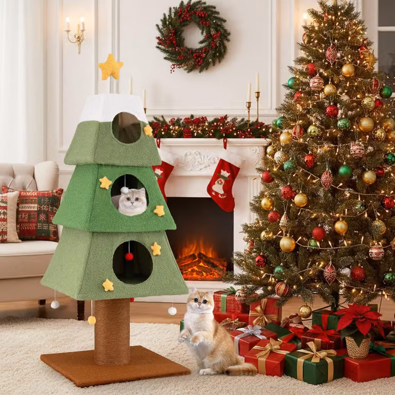 Tiragraffi natalizio COSTWAY, 162 cm, albero per gatti con tronco spesso, 3 grotte per gatti, base grande, stella e palline, albero di Natale per gatti verde