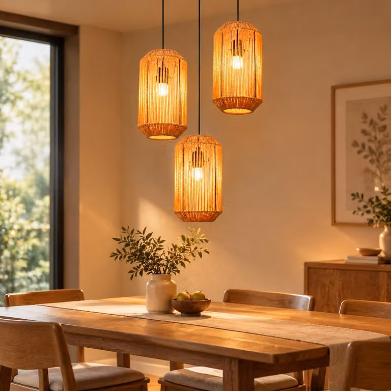 ZMH Lampada a sospensione in rattan Boho 3 luci lampada tavolo da pranzo regolabile in altezza portalampada E27 corda carta sala da pranzo camera