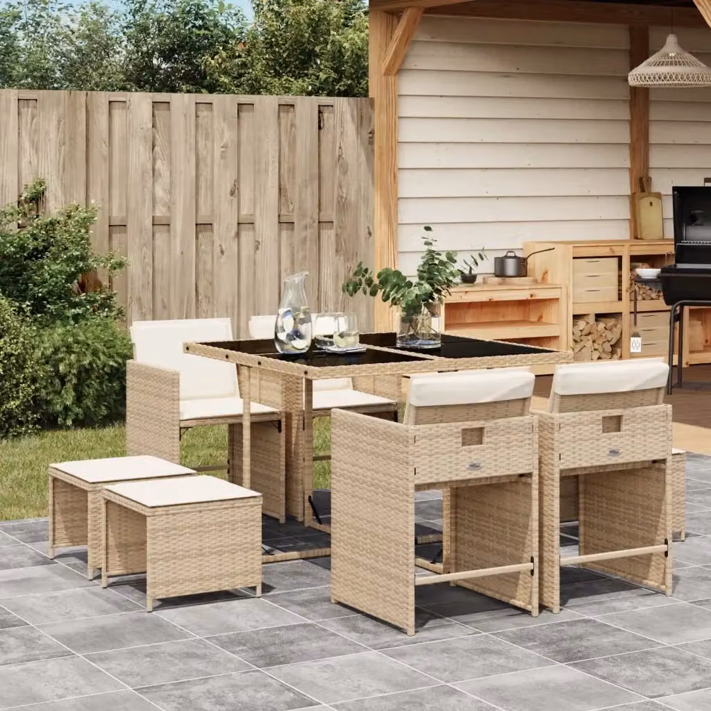Set da Pranzo da Giardino 9 pz in Polyrattan con Piano in Vetro e Cuscini Beige – 2