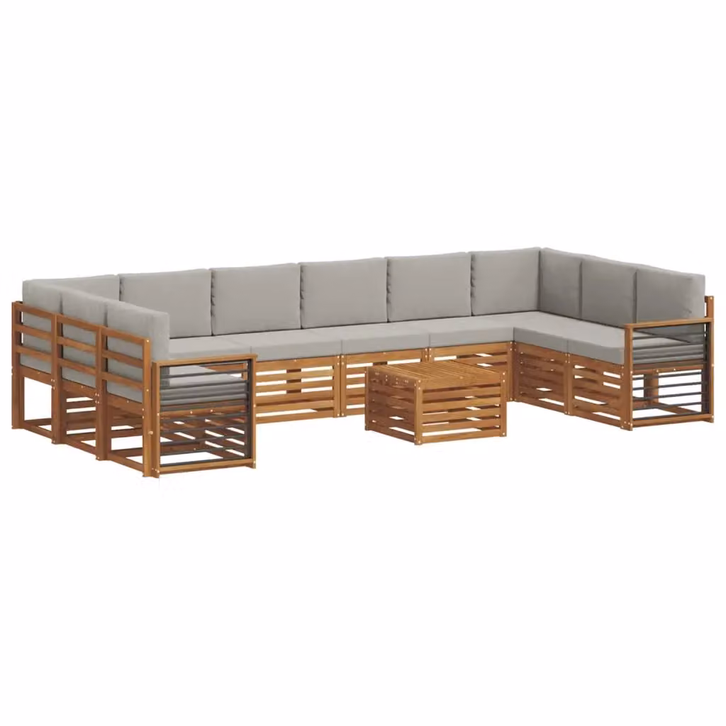 Set di divani da esterno vidaXL a forma di L in legno di acacia con cuscini grigi e tavolino da caffè – 2