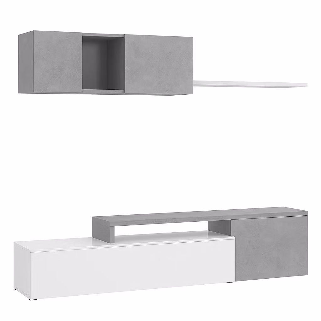 Parete Attrezzata Adelaide per Soggiorno e Sala da Pranere con Mobile TV e Mensola Pensile, Design Moderno Modulare Reversibile, Colore Bianco e Grigio Cemento, L: 201 cm, P: 41 cm, H: 44 cm – 2