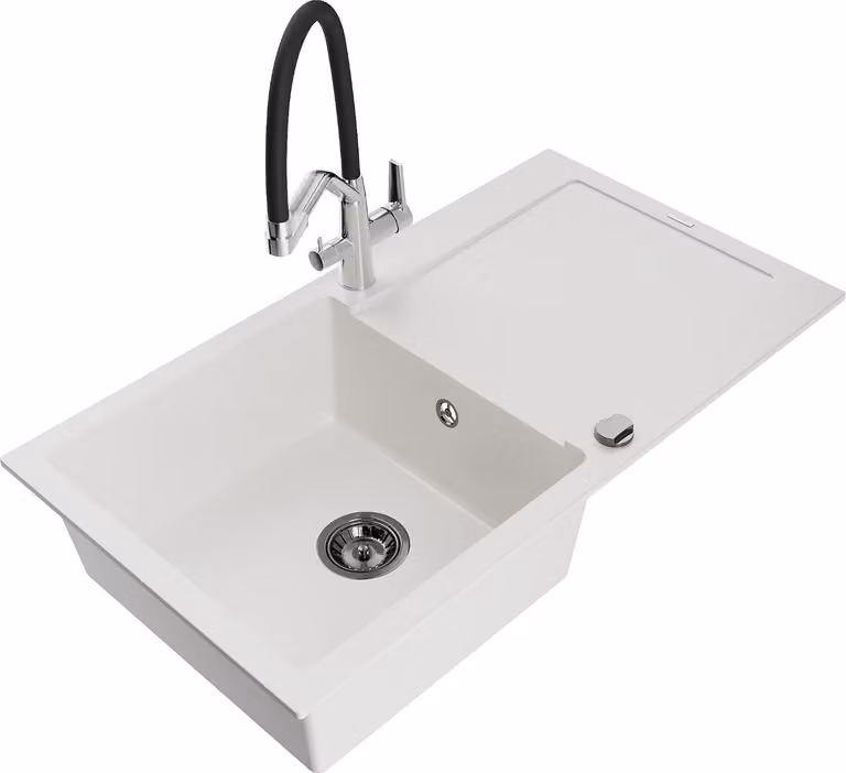Mexen Leo lavello in granito a 1 vasca con scolapiatti e miscelatore cucina Duo, bianco - 6501-20-671701-07-B