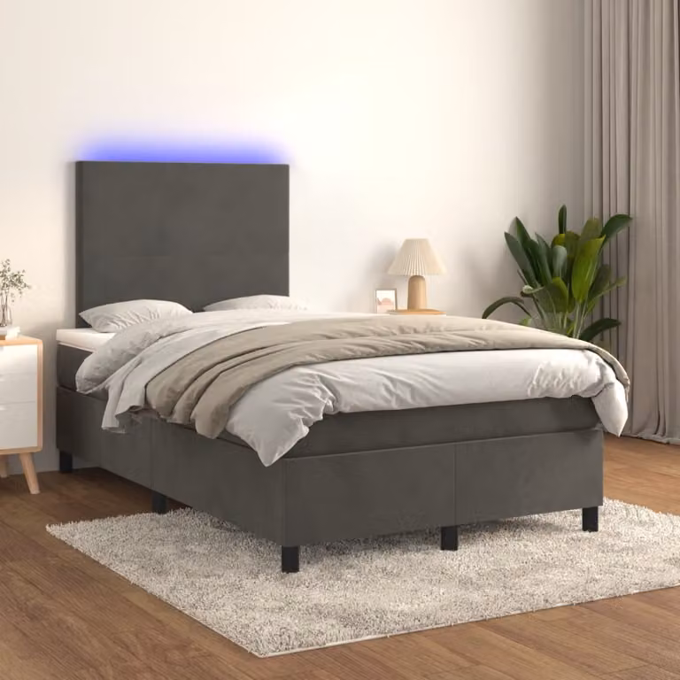 Letto Ibrido vidaXL con Materasso, Illuminazione LED Sotto il Letto e Porte USB, Rivestimento in Velluto Grigio, L 120 x P 200 cm