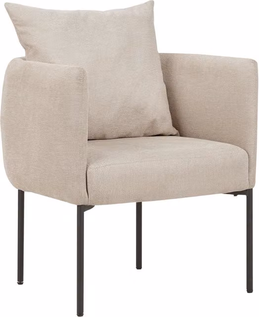 Poltrona in lino sintetico beige chiaro con cuscino gambe in ferro nero stile retrò elegante