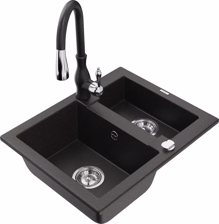 Mexen Carlos lavello in granito da 1,5 vasche con rubinetto da cucina Savita, nero/oro metallizzato - 6518-75-672601-70