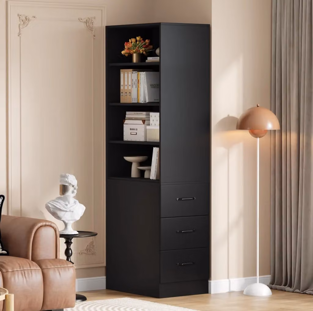 Libreria MODFU nera con 3 cassetti laterali e ripiani regolabili in MDF, L/P/H: 60 x 38 x 180 cm – 2