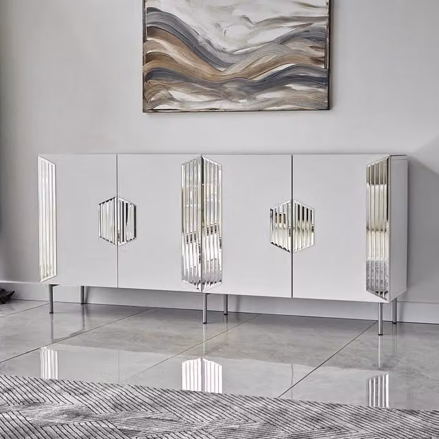 Madia Trigolo DMORA, Credenza Moderna con 4 Ripiani, Bianco Lucido e Argento, L: 180 cm, P: 40 cm, H: 80 cm – 1