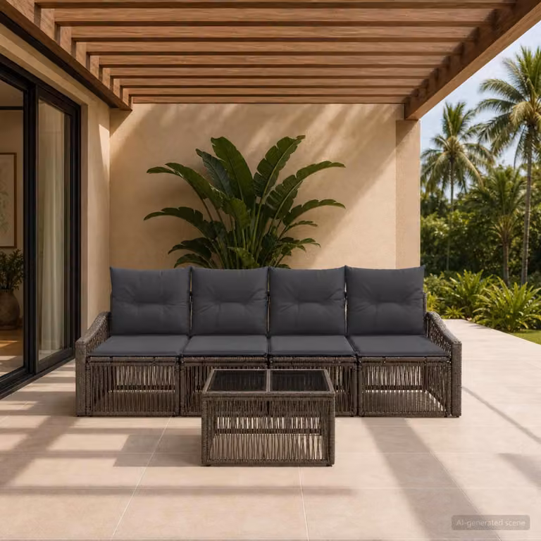 Set Divano da Giardino vidaXL 5 Pezzi Grigio con Poltrone, Divani e Tavolino in Polyrattan e Acciaio