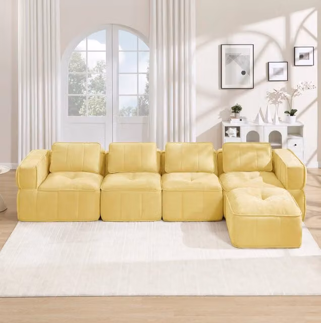 Divano modulare senza telaio in poliestere giallo con pouf; 344 x 162 x 67 cm
