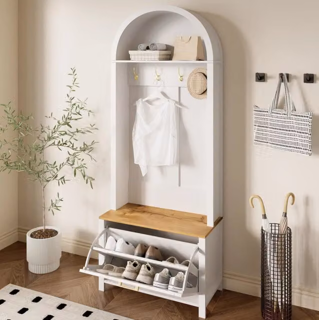 Guardaroba da ingresso moderno in MDF con appendiabiti, ripiano e scarpiera, colori bianco e beige, L: 75 cm, P: 35 cm, H: 195 cm