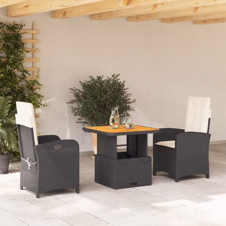Set da pranzo da giardino vidaXL in polyrattan e legno di acacia con cuscini, nero