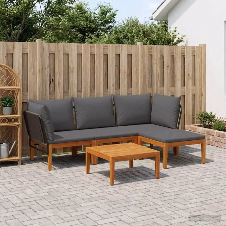 Set da giardino componibile vidaXL in legno di acacia e corda con cuscini, forma a L, colore naturale