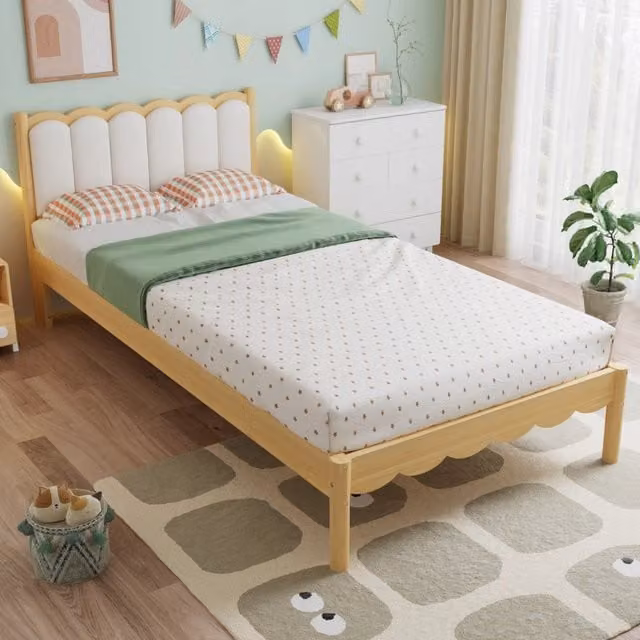 Letto singolo per bambini 90 × 200 cm con testiera imbottita in PU struttura in legno beige e naturale