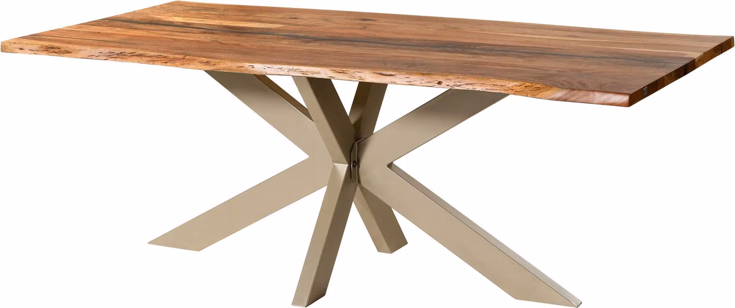 MASSIVMOEBEL24 | Tavolo da pranzo in legno di acacia e resina epossidica nera 220x100x74 laccato natur / gambe incrociate argento matt EPOXY