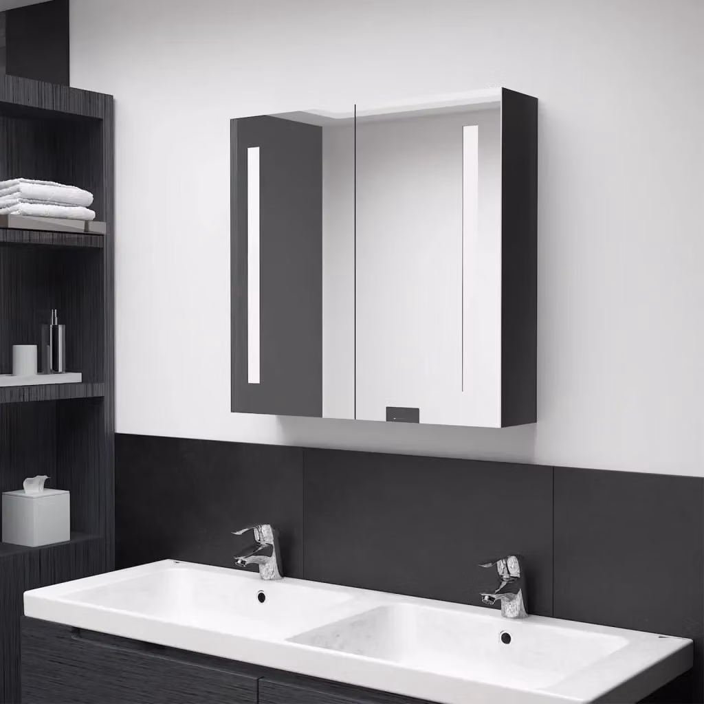 Armadietto da bagno moderno DESIGN IN con specchio e illuminazione LED nero lucido L: 62 cm, H: 60 cm, P: 14 cm – 2