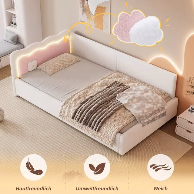 Letto singolo moderno con illuminazione LED sottostante e rete a doghe inclusa, colore bianco, L/P/H: 90 x 200 cm