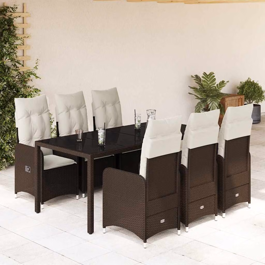 vidaXL Set Bistrò da Giardino 7 pz in Polyrattan Marrone con Cuscini e Piano in Vetro – 1