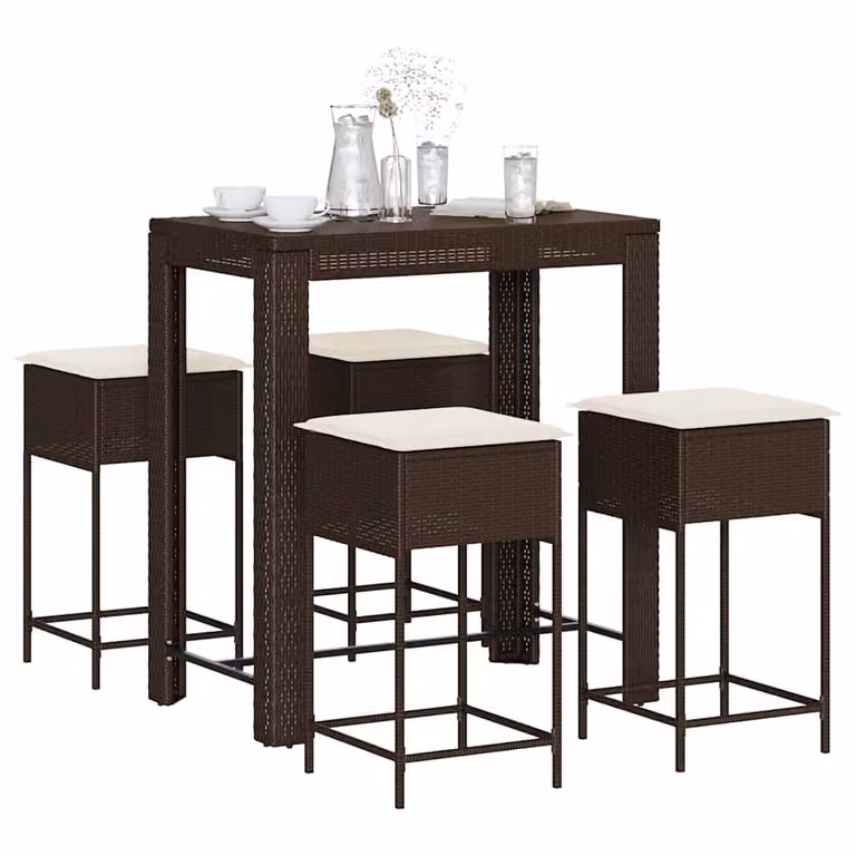Set Bar da Giardino vidaXL in Polyrattan Marrone e Bianco con 5 Pezzi e Cuscini