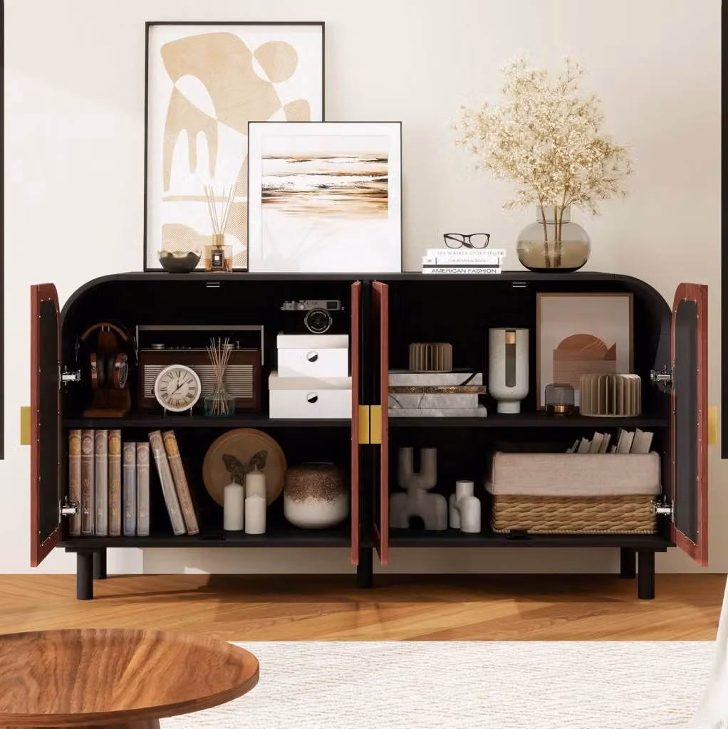 Credenza retrò con 4 ante curve, ripiani regolabili e chiusura soft-close, nero e noce scuro – 2