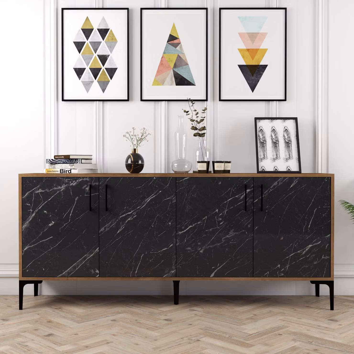 Skye Decor, Kiev- Kiev HCT, colore noce, nero, cassettiera, 78x180x35 cm, 100% pannello di particelle rivestito in melamina