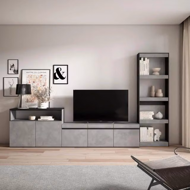 Mobile TV, Soggiorno, 310x35x186cm, Per TV fino a 65", Set di mobili, grigio cemento RF3165