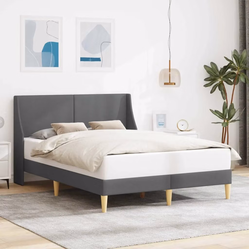 Letto da camera moderno con struttura imbottita e testiera in tessuto grigio – 2