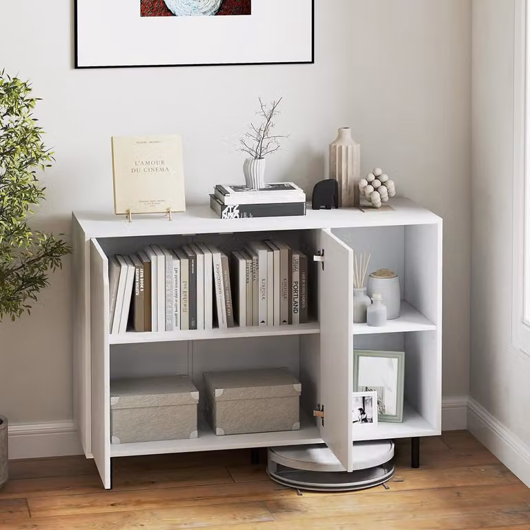Buffet cucina e credenza moderna Costway in legno e metallo con 2 ante e scomparti aperti, Bianco, L 106 cm x P 38 cm x H 80 cm