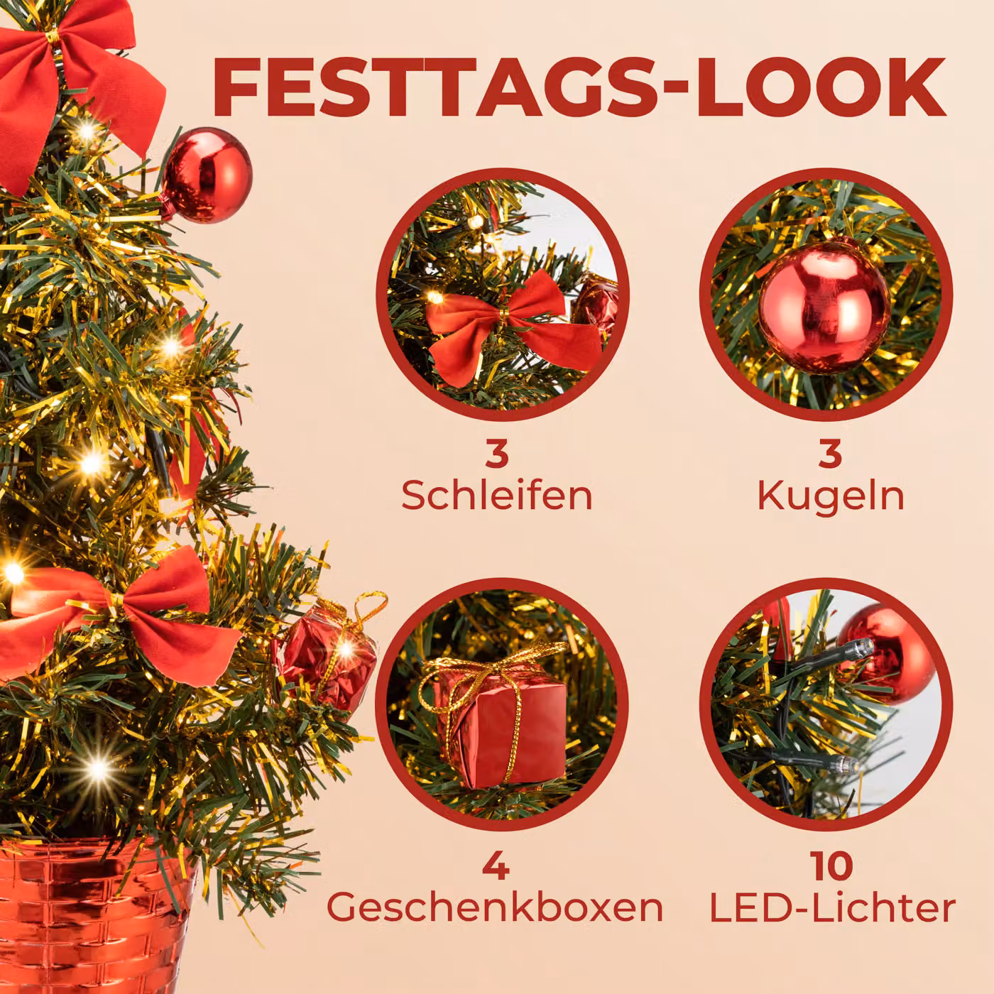 Albero di Natale da tavolo Casaria verde con decorazioni rosse e timer, Altezza: 36 cm – 3