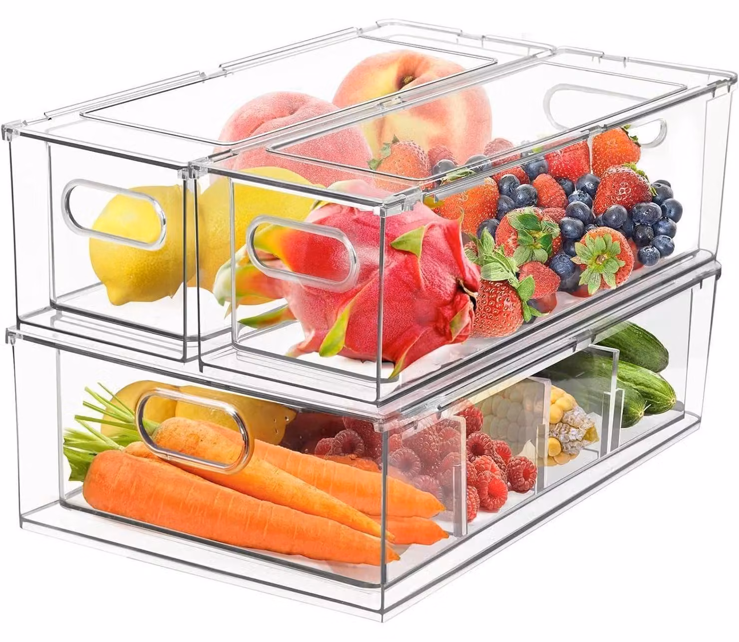 Set di organizer per frigorifero con maniglie, composto da 3 contenitori impilabili con cassetto estraibile e coperchio, realizzati in plastica PET, ideali per conservare alimenti. Capacità: 6L + 2 contenitori da 3L ciascuno