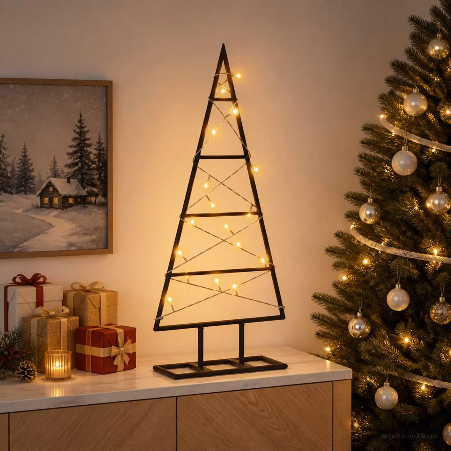 Albero di Natale moderno vidaXL KUOPIO in metallo con luci LED bianco caldo, Altezza: 60 cm