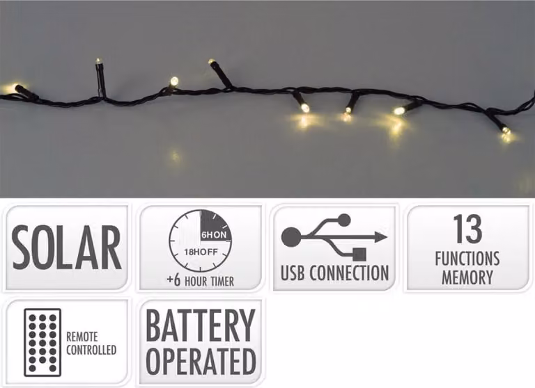 Fata solare LED 240 USB ricaricabile bianco caldo timer telecomando
