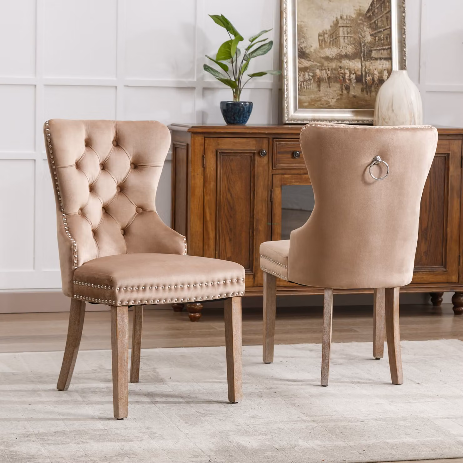 Set di 2 sedie da pranzo Flieks, sedia da cucina con gambe in legno massiccio e anello di trazione, sedia da pranzo imbottita con rivestimento in velluto, marrone