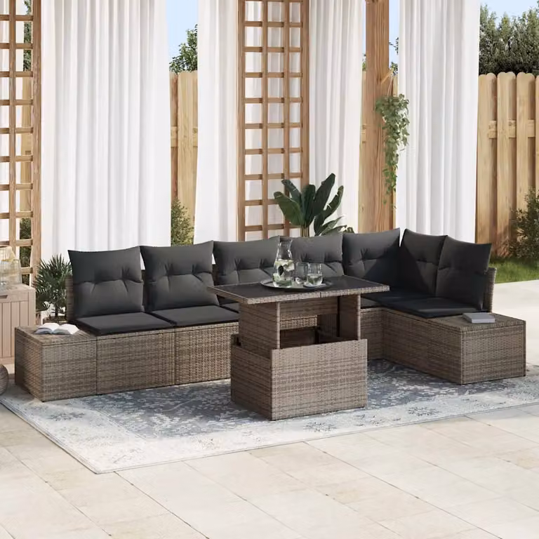 Set Divano da Giardino a L vidaXL 7 Pezzi Grigio con Cuscini e Tavolino da Esterno in Polyrattan e Acciaio
