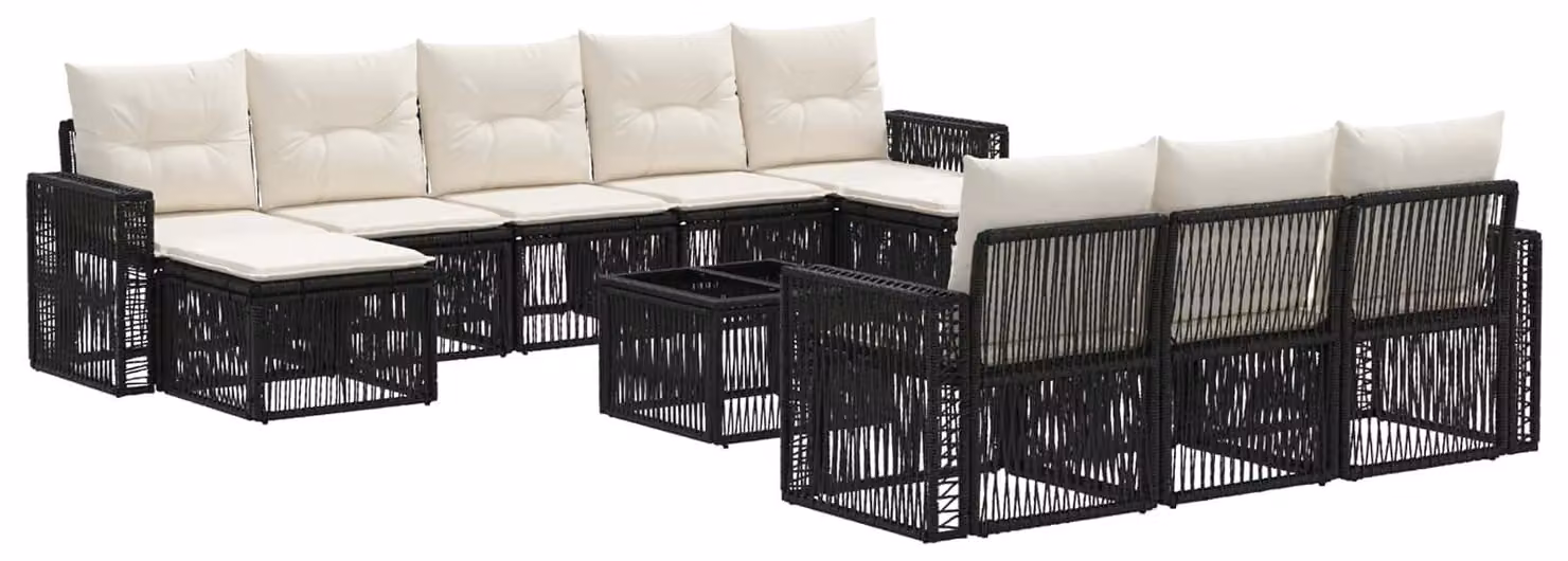 Set Divano da Giardino 11 pcs Nero e Bianco Crema polyrattan